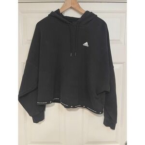 Womens S Adidas Boxy Cropped Hoodie Sweatshirt Gym Lounge Athleisure Black